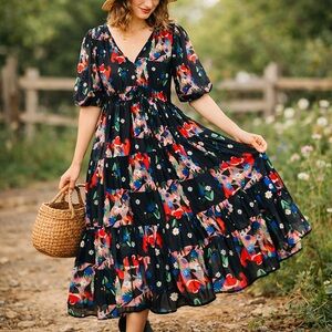 JUCY JUDY Whimsical Folk Art Print Maxi Dress Puff Sleeve Cottagecore XXS